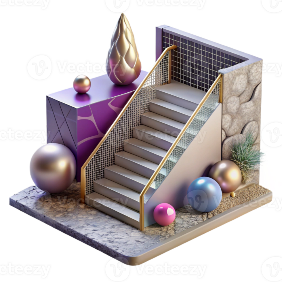 extraordinary modern Staircase with Metal Mesh Railing Isolated high resolution png