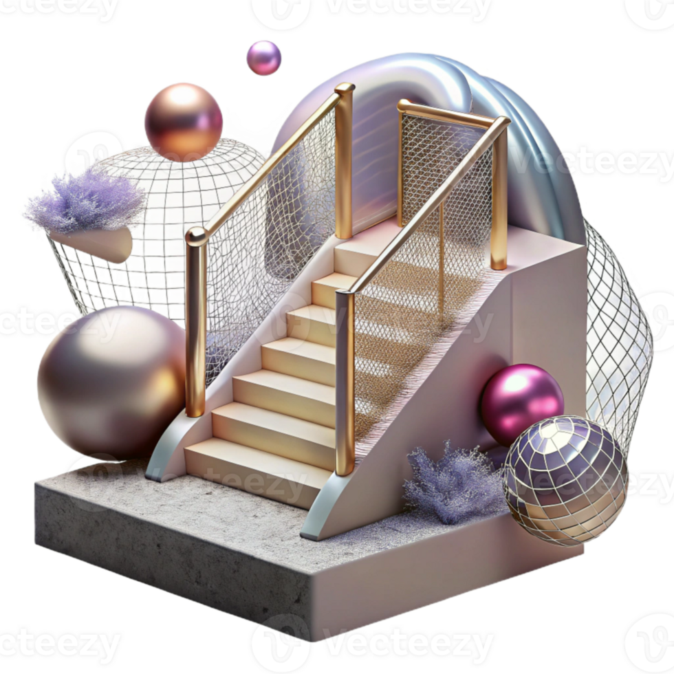 serene vintage Staircase with Metal Mesh Railing Isolated professional png
