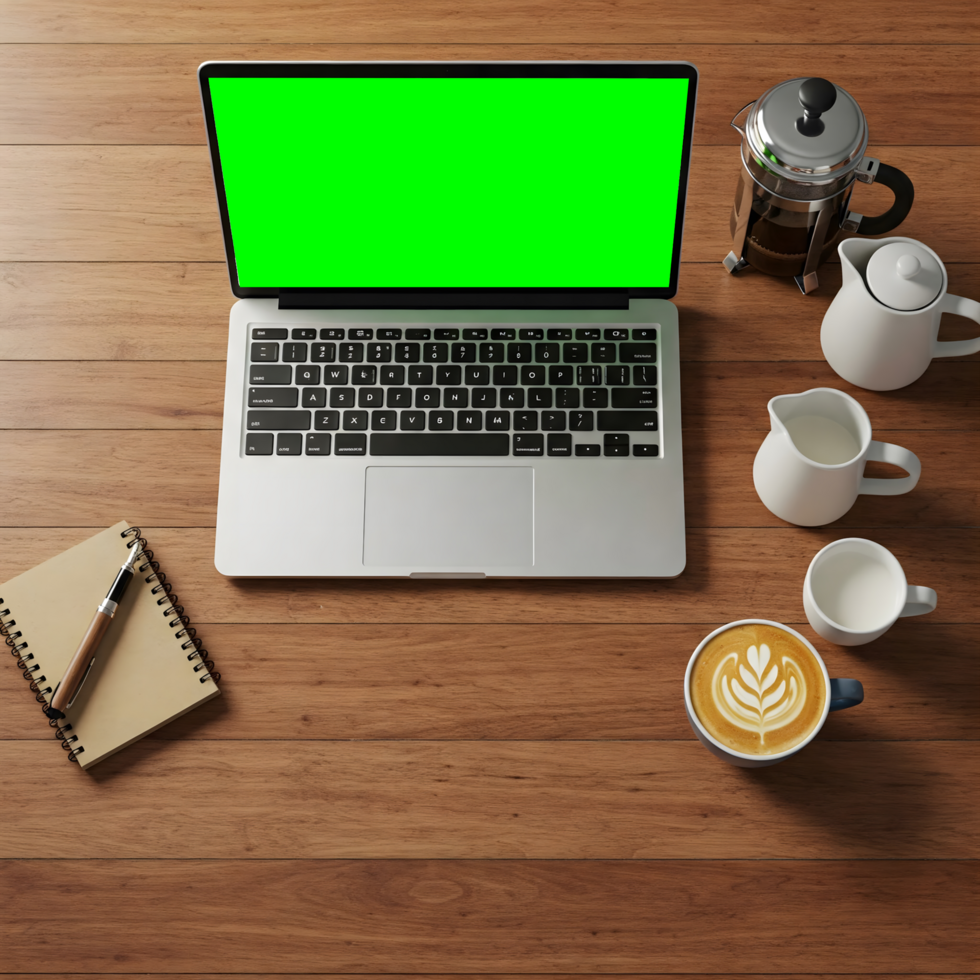 laptop with green screen and coffee on wooden table 3d render psd