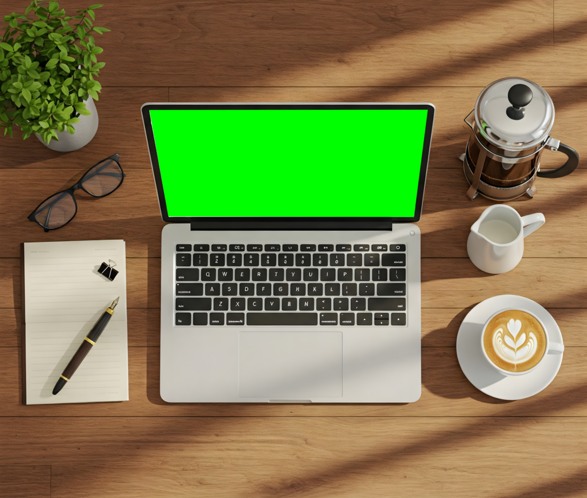 laptop with green screen and coffee psd
