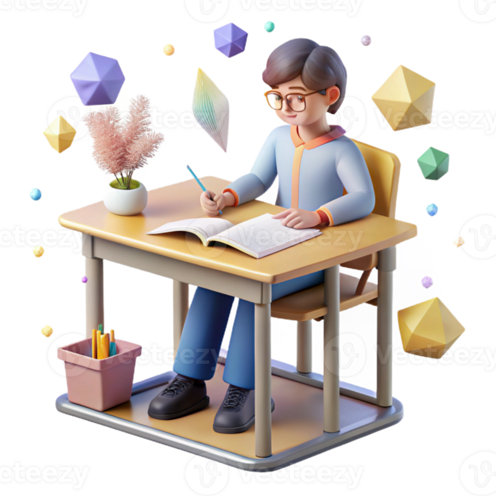 elegant minimalist Student Studying at Desk Transparent for Educational Illustrations genuine png