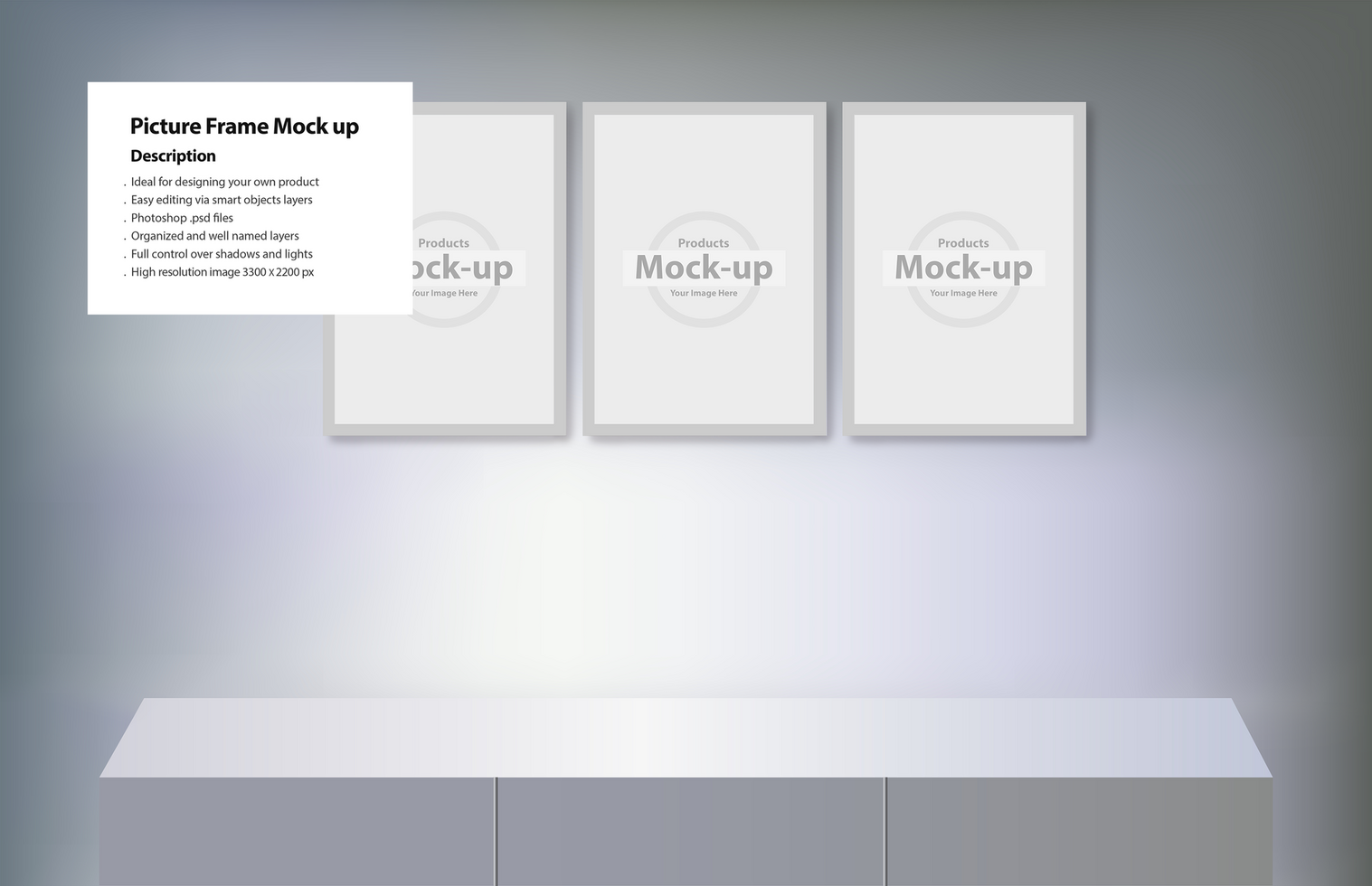 Three picture frame mock-up template in gray wall psd