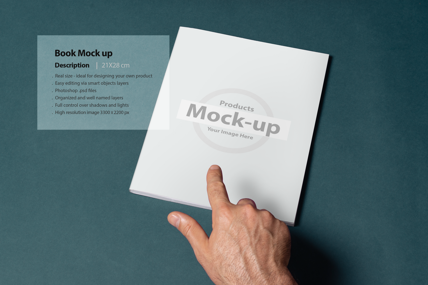 A hand pointing a book cover on a green background psd