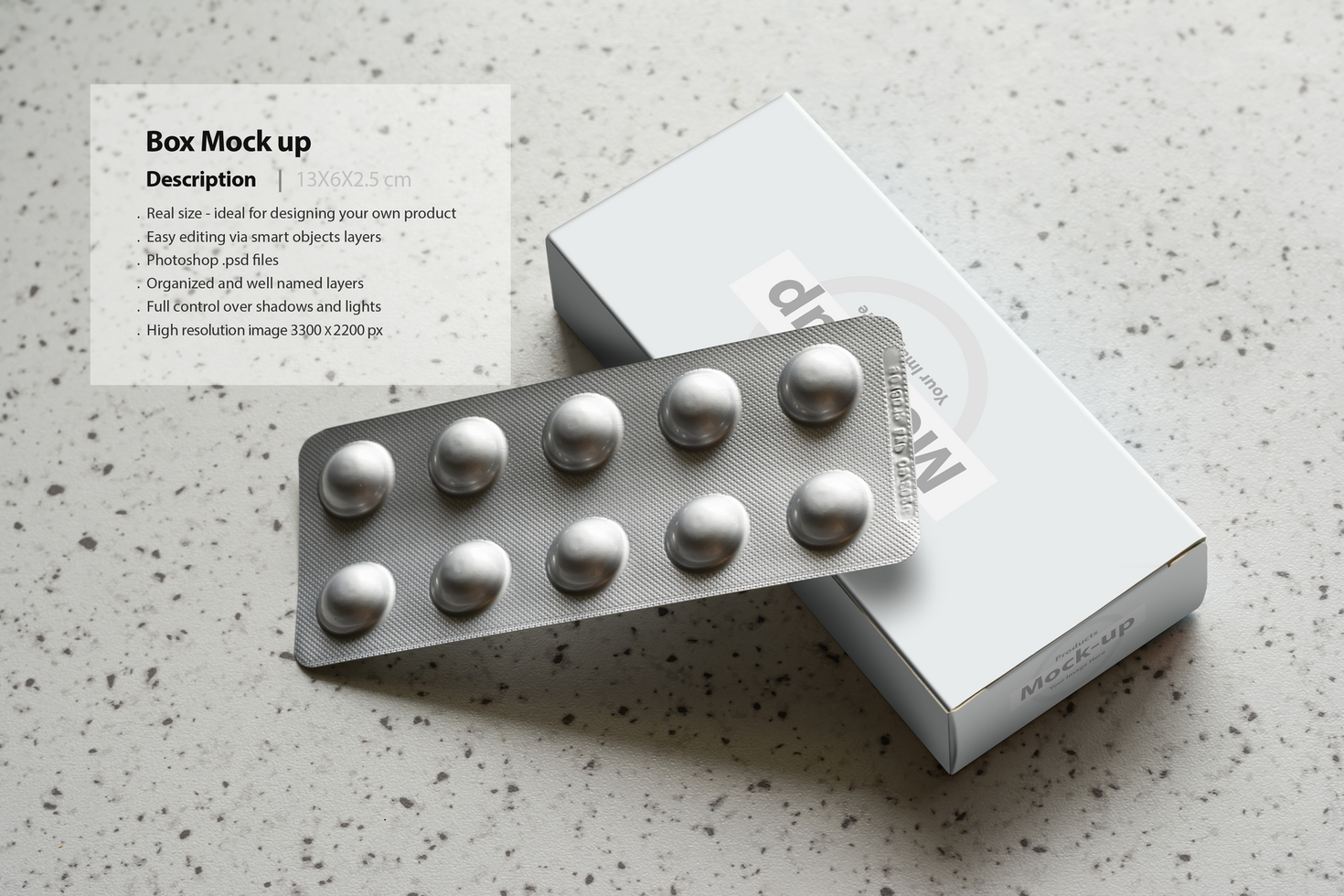 Pillbox with a loaf of tablets on granite background psd