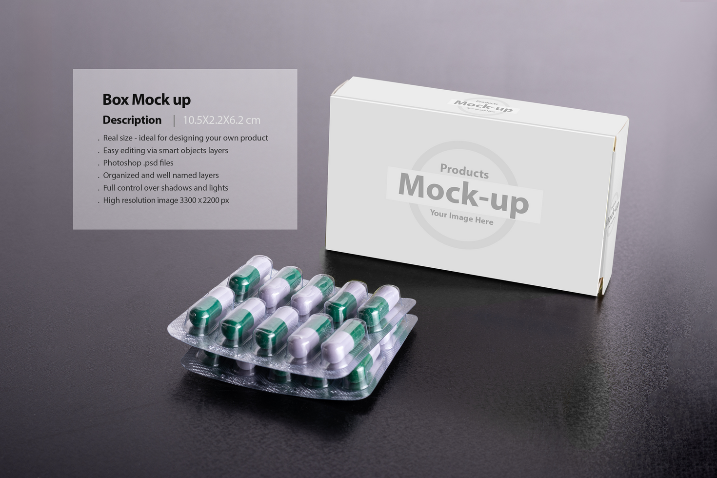 A pillbox package on a dark surface psd