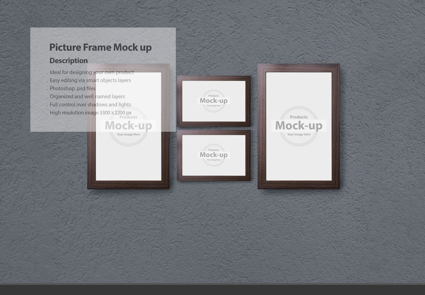 Picture frames mock-up template in front gray wall psd