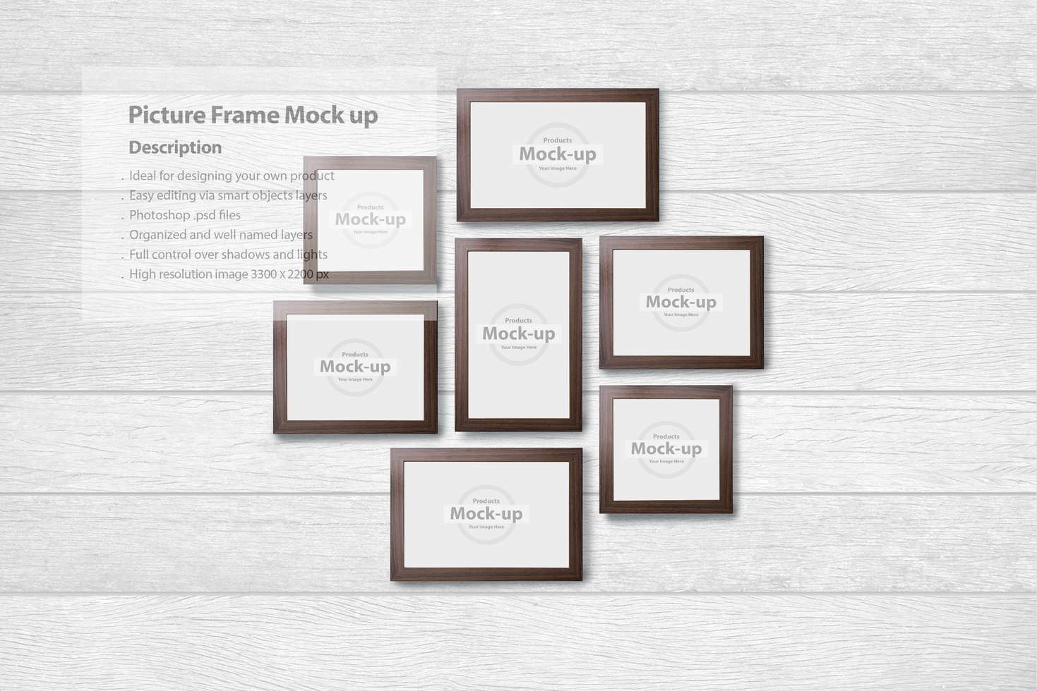 Picture frame mock-up template in front of wood texture psd