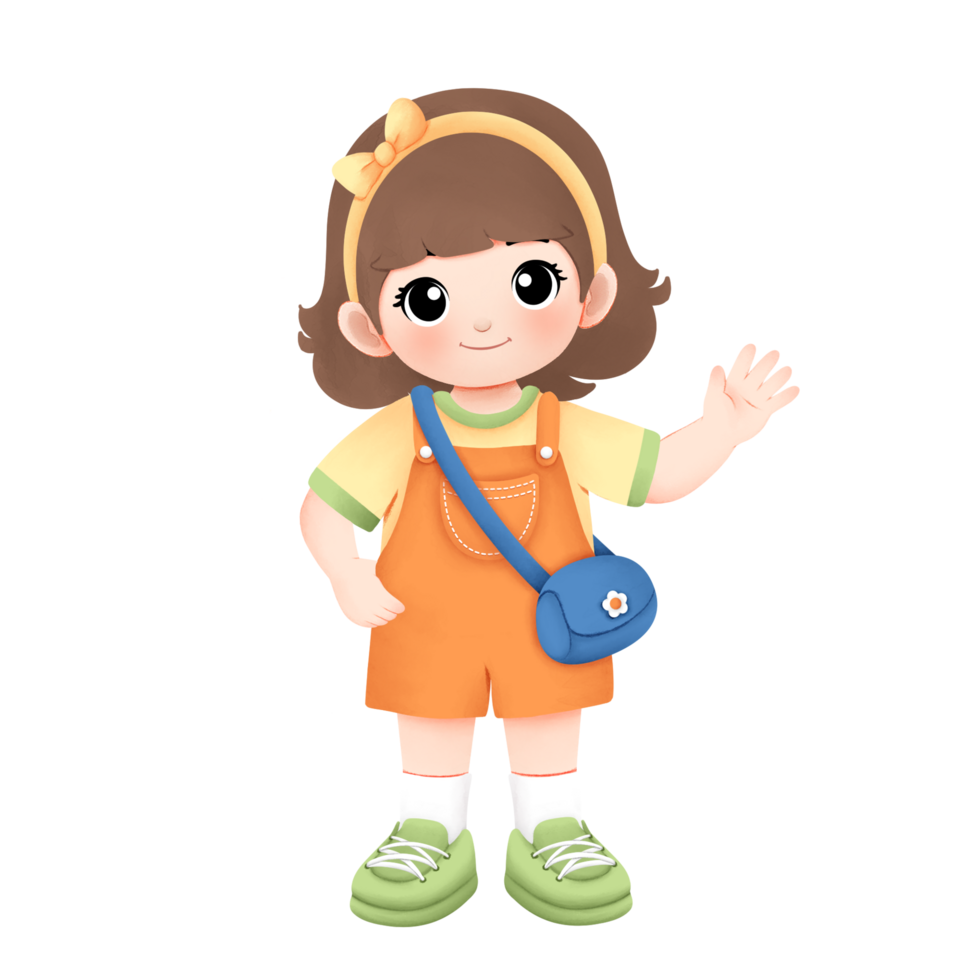 Adventure kid playing outside watercolor illustration, happy girl waving her hand png
