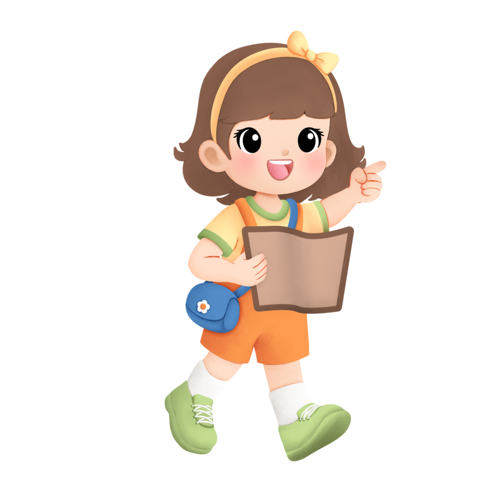 Adventure girl playing outside watercolor illustration, reading a map gesture png