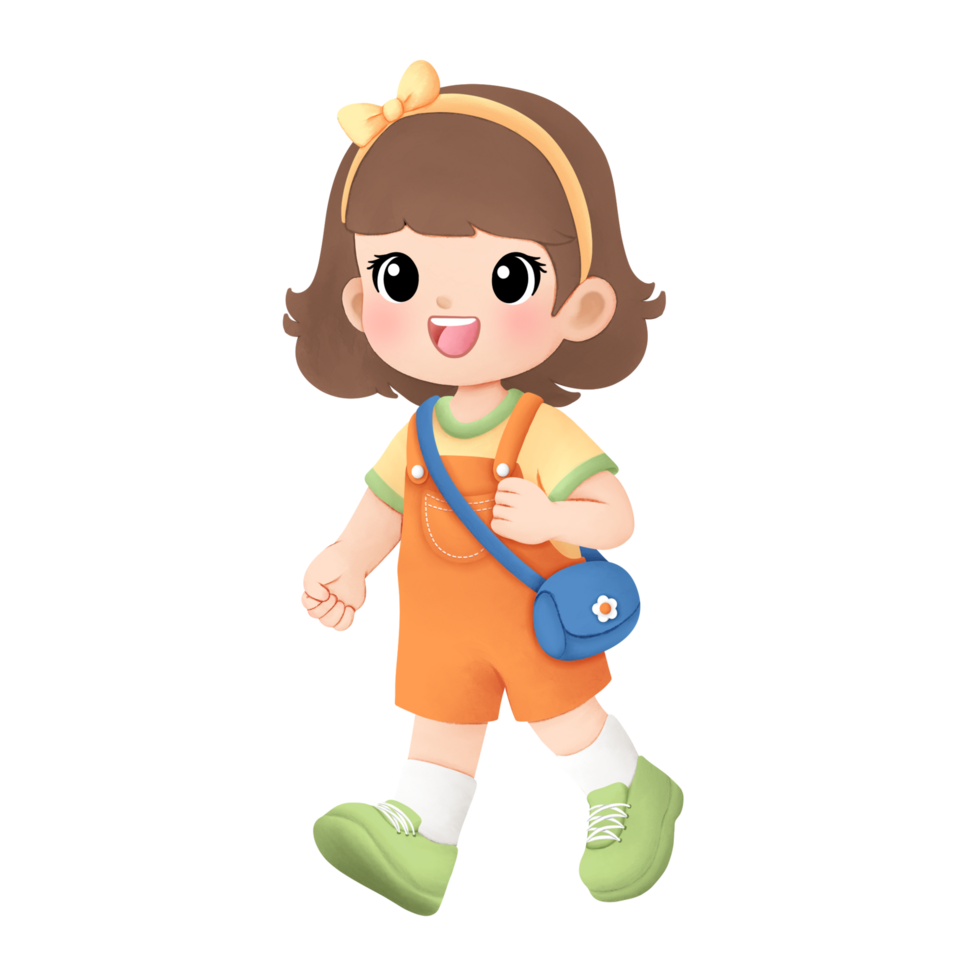 Adventure kid playing outside watercolor illustration, happy girl while walking png