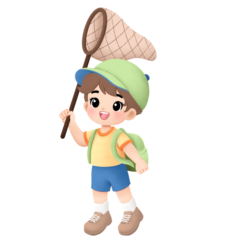 Adventure kid playing outside watercolor illustration, catching a bug using bug net png