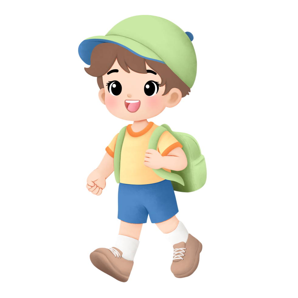 Adventure boy playing outside watercolor illustration, walking gesture png