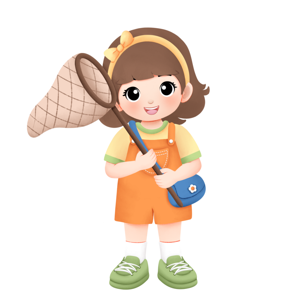 Adventure girl playing outside watercolor illustration, holding a bug net png