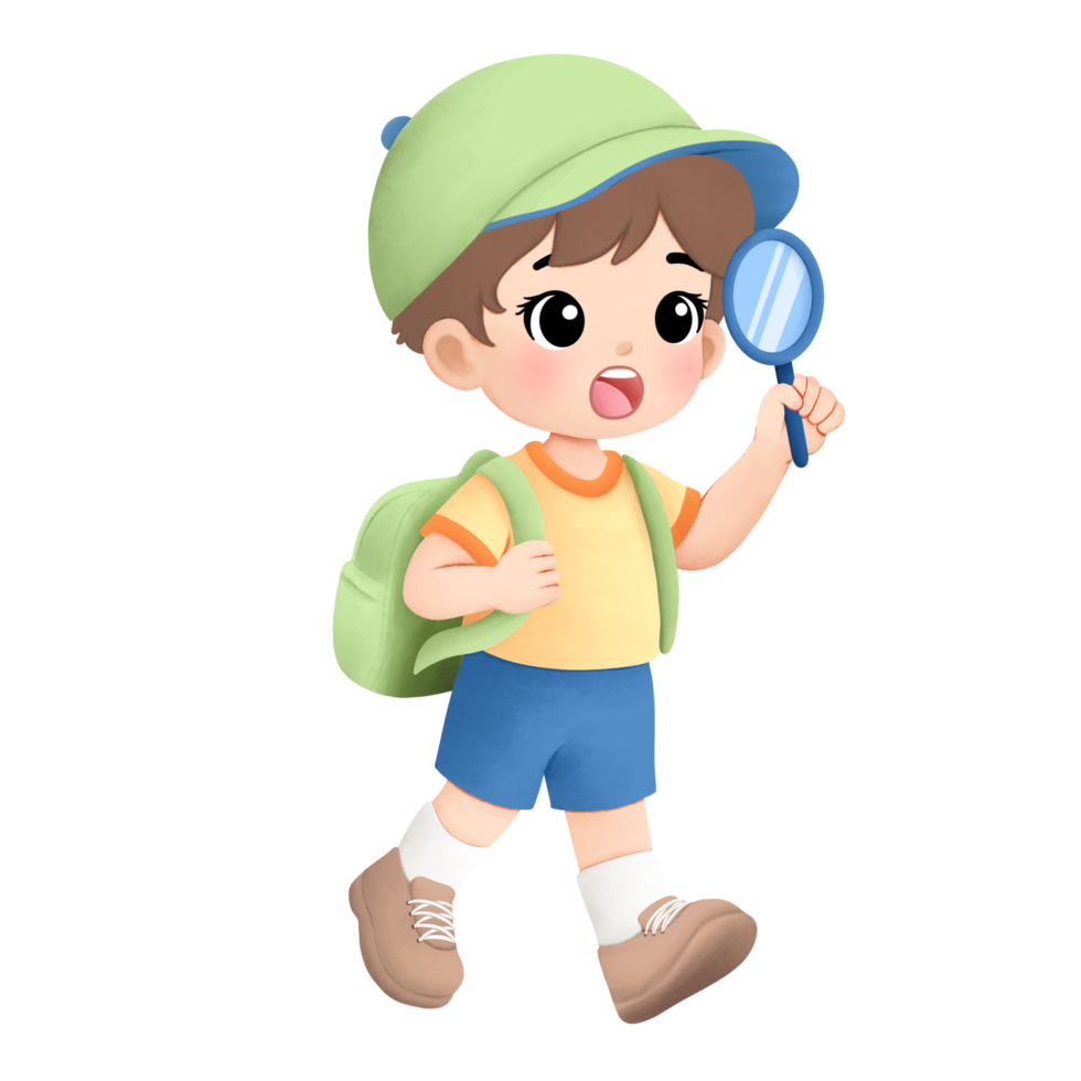 Adventure kid playing outside watercolor illustration, curiosity using magnifying glass for exploration png