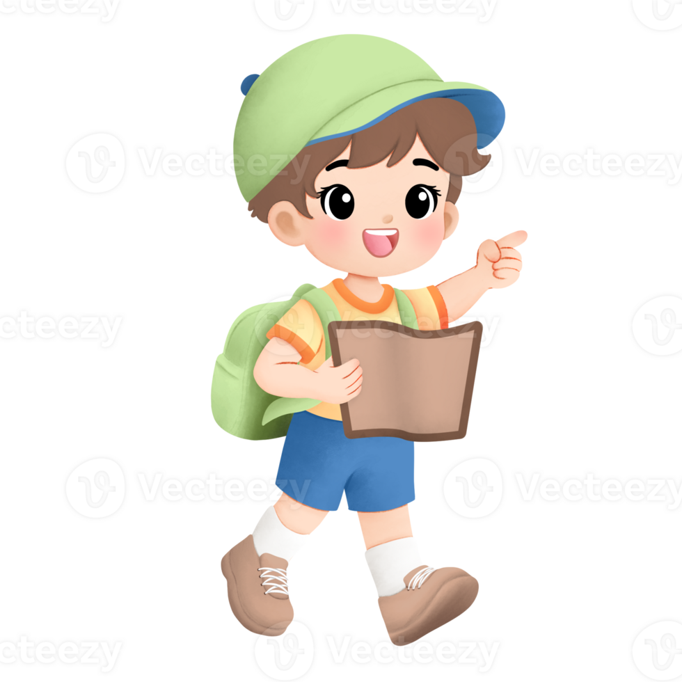 Adventure boy playing outside watercolor illustration, reading a map png