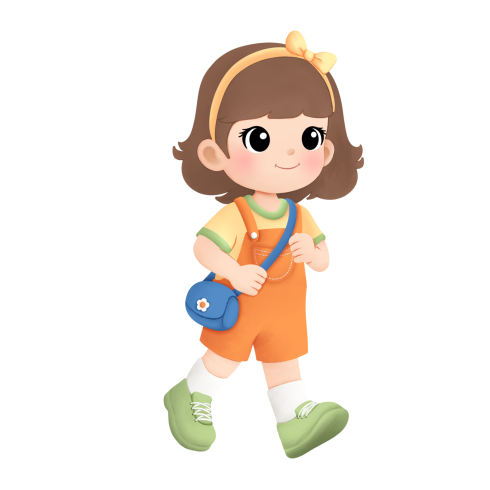 Adventure girl playing outside watercolor illustration, walking gesture png