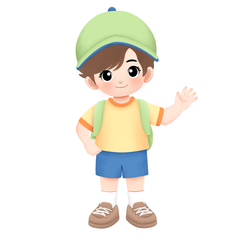 Adventure kid playing outside watercolor illustration, happy waving his hand png