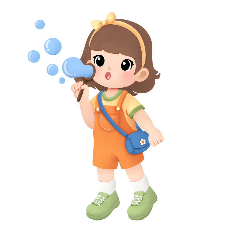 Adventure girl playing outside watercolor illustration, blowing bubbles activity png