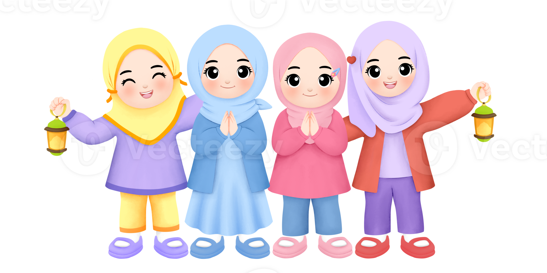 happy kids greeting eid mubarak together watercolor illustration, with a girls holding lanterns png