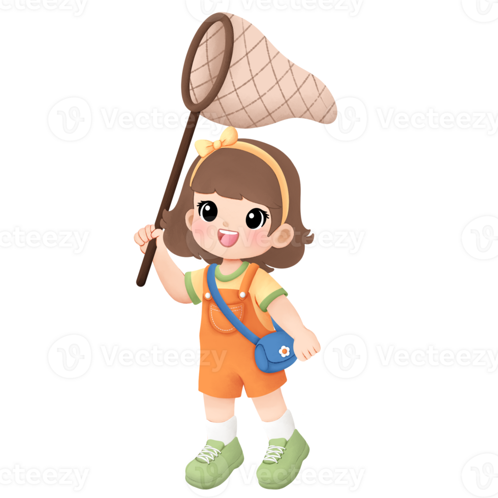 Adventure girl playing outside watercolor illustration, catching a bug using bug net png