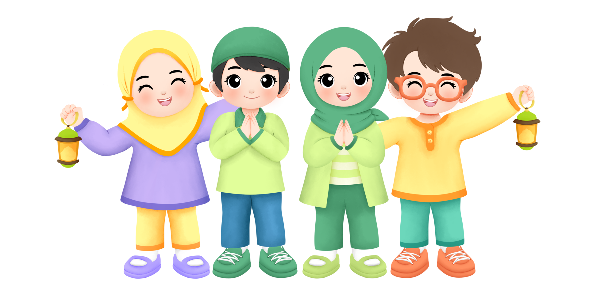 happy boys and girls greeting eid mubarak together watercolor illustration png