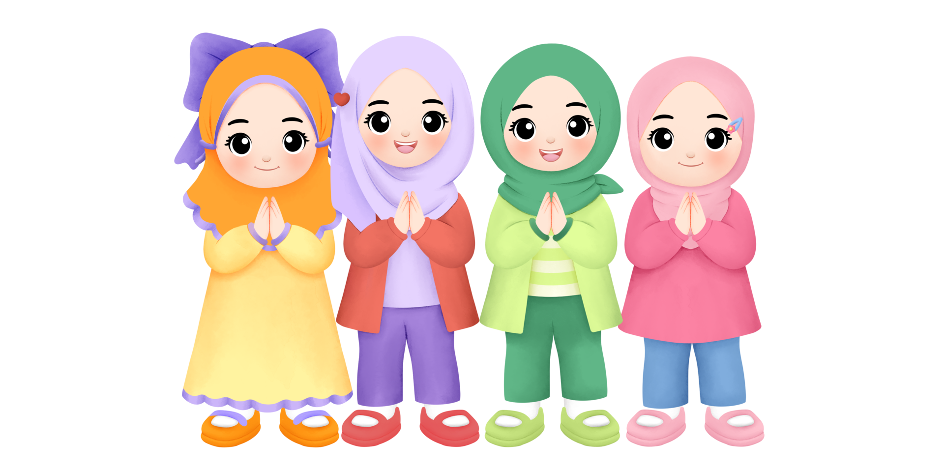 happy girls greeting eid mubarak together watercolor illustration png