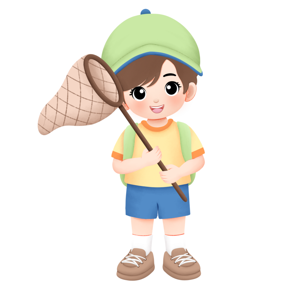 Adventure boy playing outside watercolor illustration, holding a bug net png