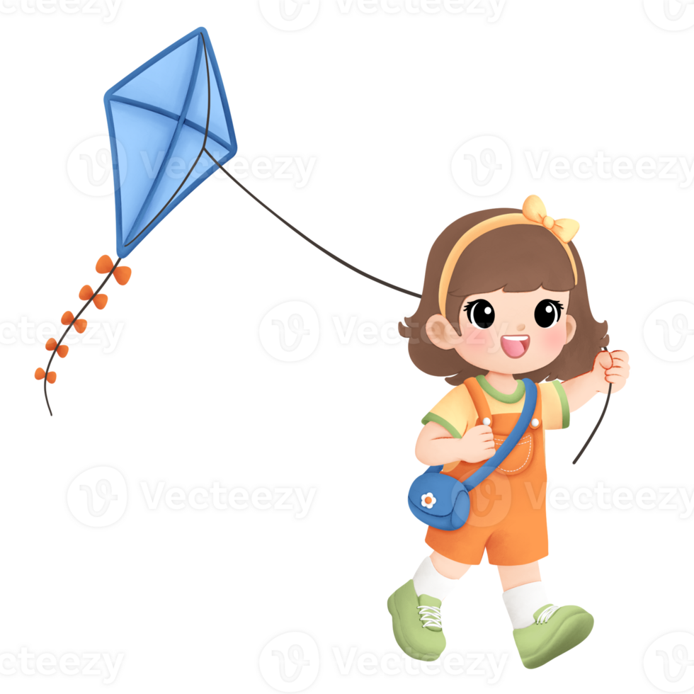 Adventure girl playing outside watercolor illustration, flying a kite activity png
