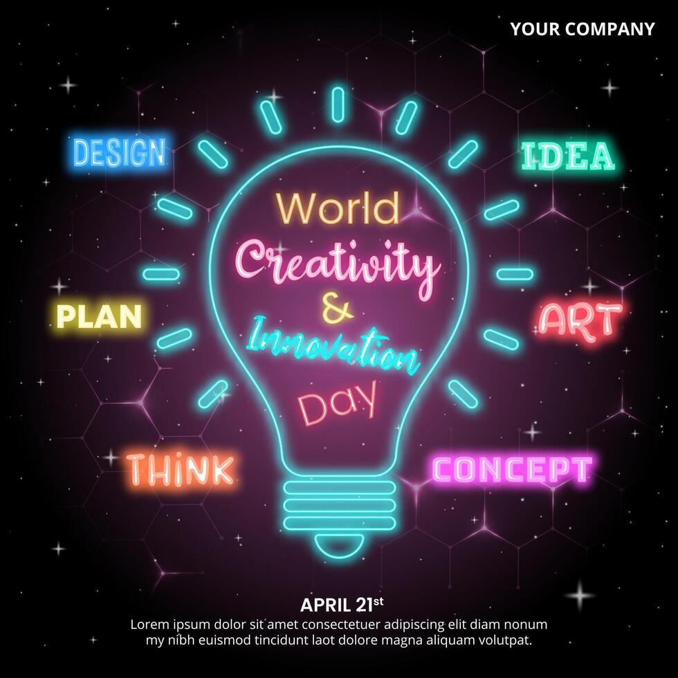 World Creativity And Innovation Day design with neon text decoration vector
