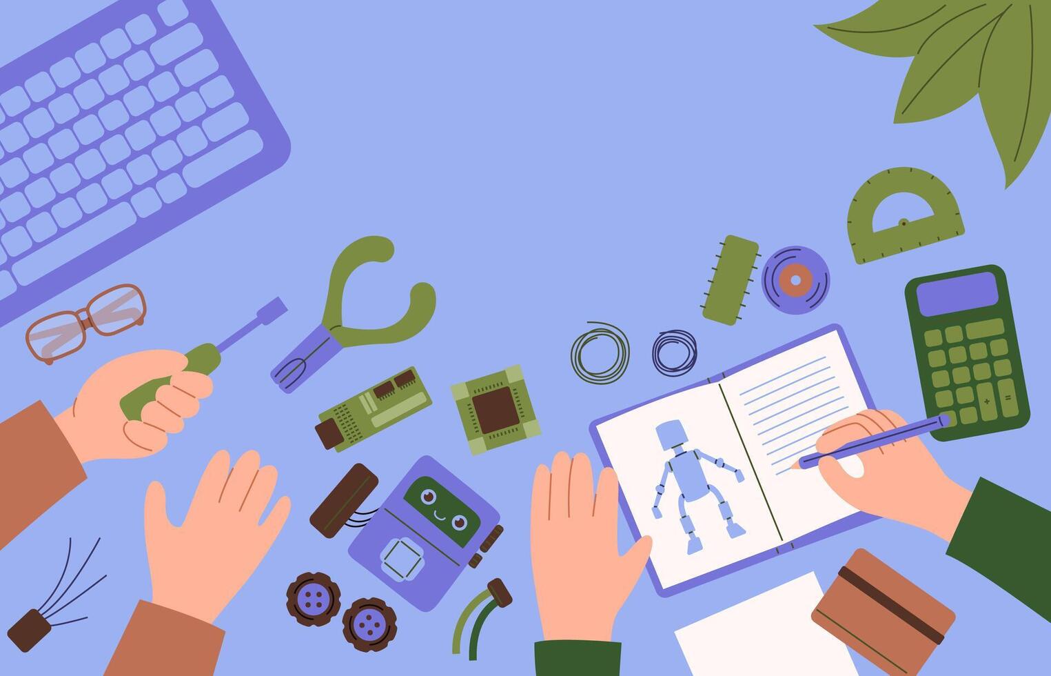 Flat lay of robotics engineering workspace vector