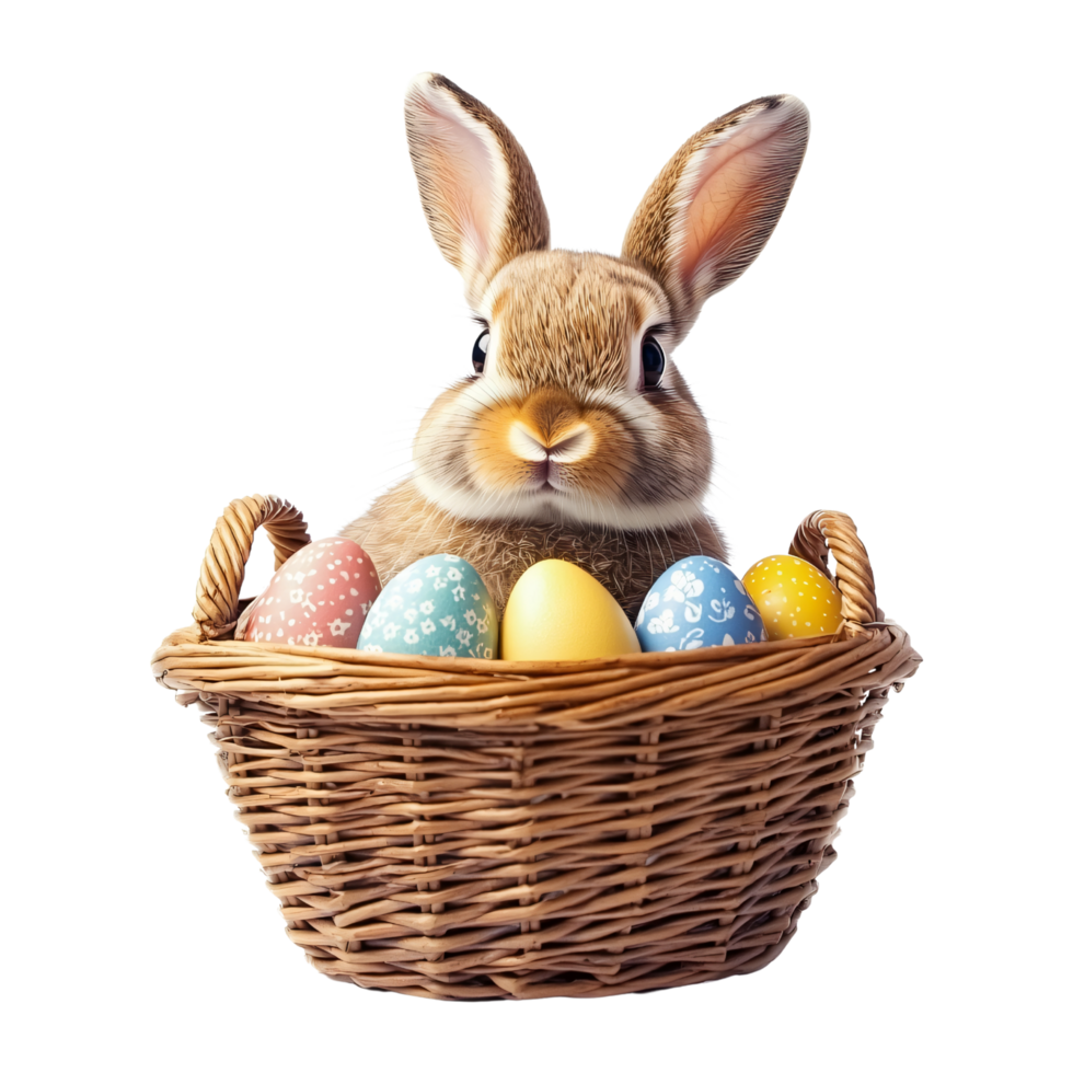 Adorable rabbit in wicker basket with colorful Easter eggs isolated on transparent background png