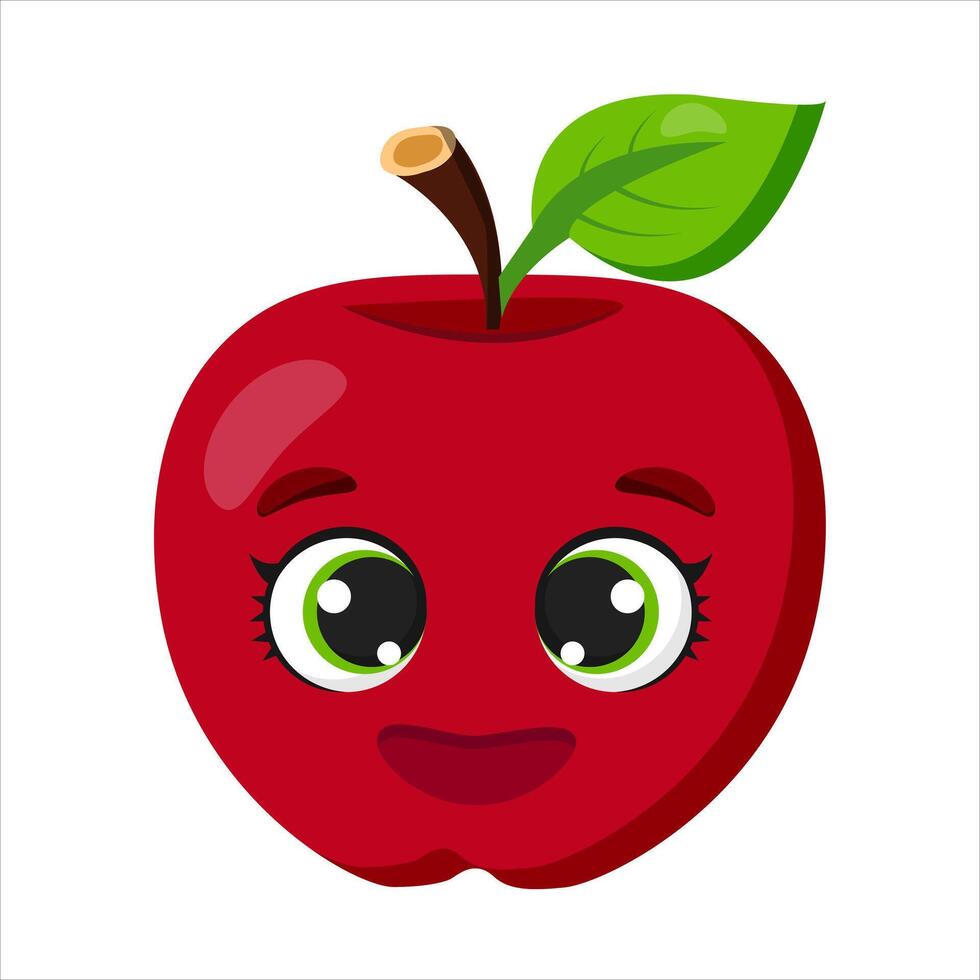 Smiling red apple with big green eyes and a single leaf on a white background. Perfect for kids' illustrations, healthy food concepts, stickers, packaging, and educational materials vector