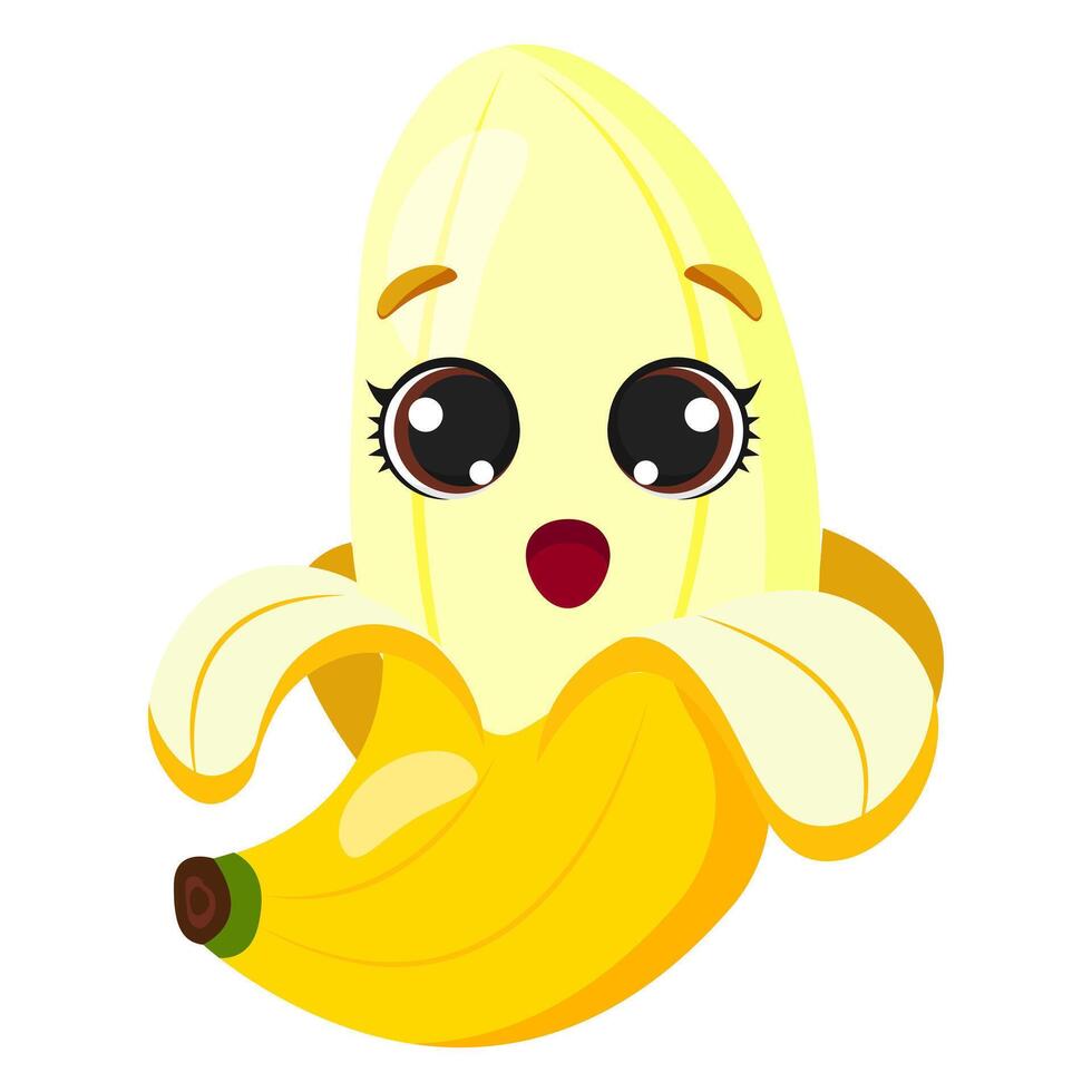 Peeled ripe banana with big eyes and a surprised expression. Bright yellow tropical fruit with a soft texture and sweet taste. Perfect for healthy eating, organic food vector