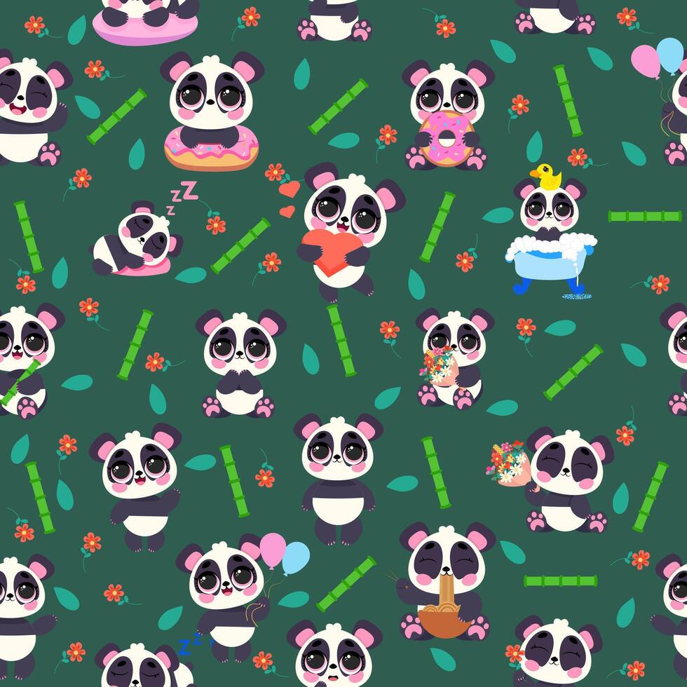 Seamless pattern featuring adorable pandas with bamboo, flowers, and cute expressions on a dark green background. Ideal for fabric, wallpapers, childrens designs, and gift wrapping vector