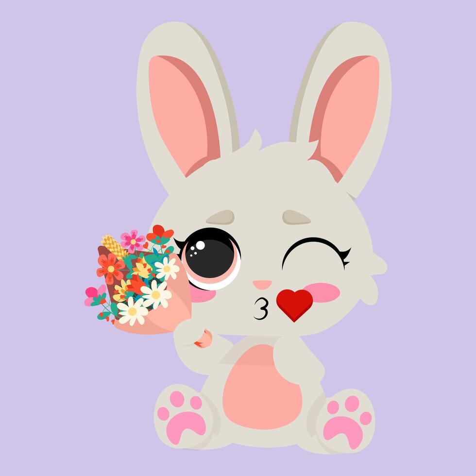 Charming bunny holding a bouquet of flowers, winking and blowing a kiss. Perfect for greeting cards, Valentine's Day, spring themes, and nursery decor vector