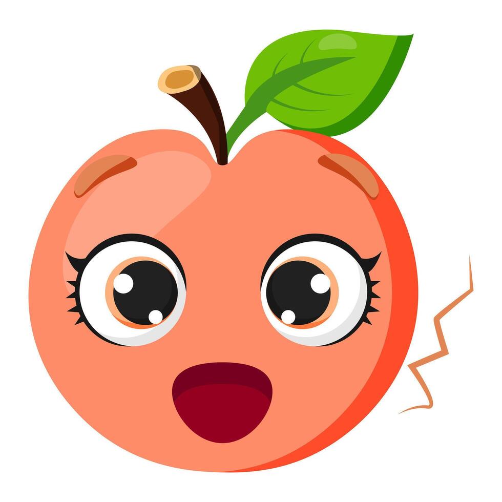 Surprised peach with big expressive eyes and an open mouth. A vibrant fruit illustration, ideal for healthy food branding, organic markets, vegan products vector