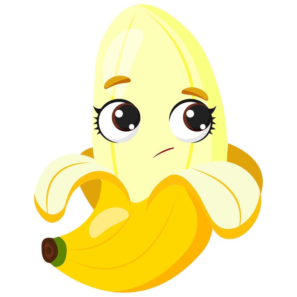 Half-peeled banana with a shy expression and big eyes. Fresh tropical fruit with a smooth yellow peel and soft texture. Ideal for healthy eating, organic food, juice packaging, and summer designs vector