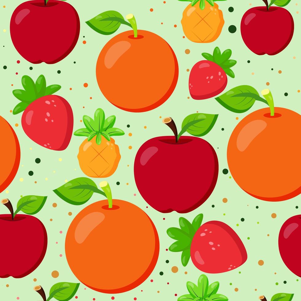 Seamless fruit pattern with apples, oranges, pineapples, and strawberries on a light green background. Perfect for textiles, wrapping paper, kitchen decor, and organic product packaging vector