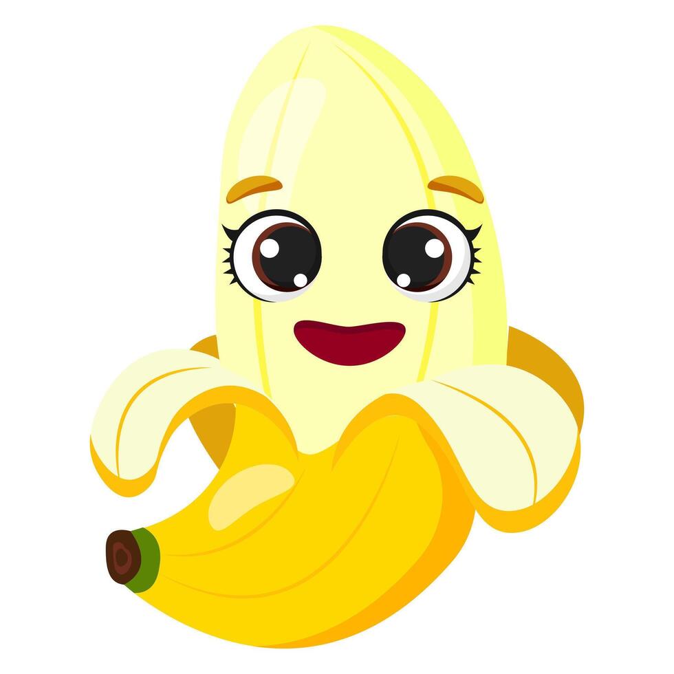 Smiling half-peeled banana with bright eyes and a cheerful expression. Fresh tropical fruit ideal for healthy eating themes, smoothie advertisements, organic food branding vector