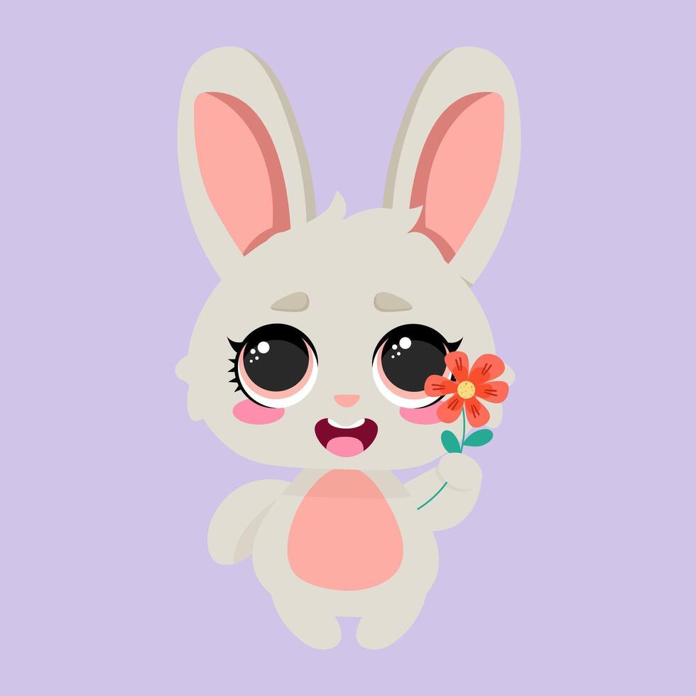 Adorable bunny holding a delicate flower with a cheerful expression. Perfect for greeting cards, children's products, nursery decor, Easter themes, and spring celebrations vector