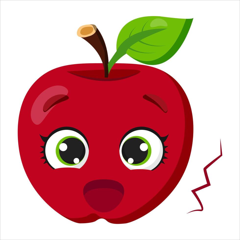 Surprised red apple with big green eyes and a small leaf. Fun and expressive fruit illustration, perfect for healthy food concepts, stickers, packaging, and educational materials vector