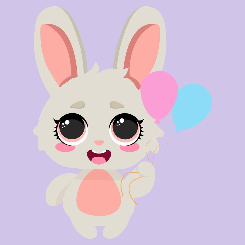 Adorable bunny holding pastel balloons, smiling with big expressive eyes vector