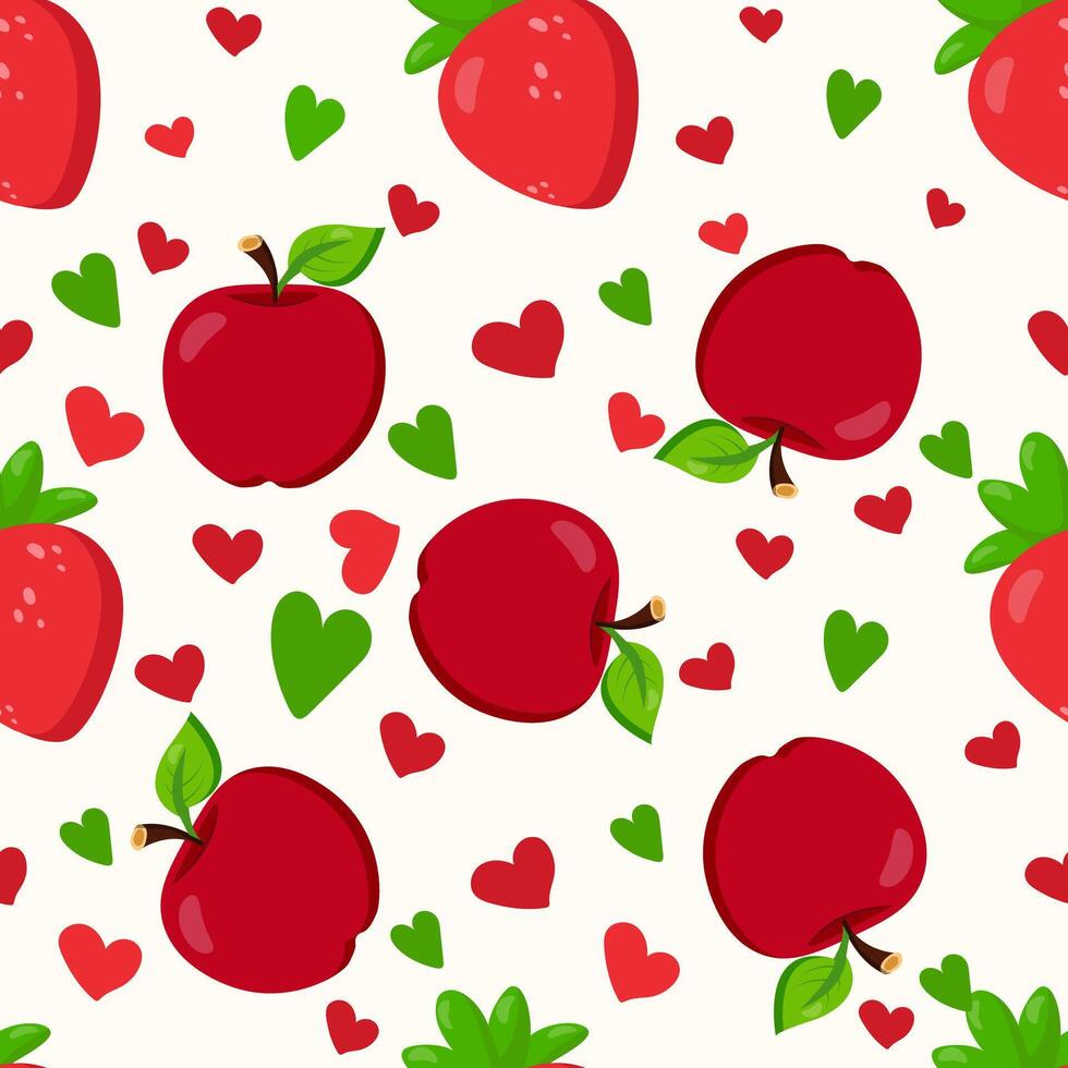 Seamless pattern with red apples, strawberries, and green leaves on a white background. Vibrant and fresh design, perfect for packaging, textiles, wallpapers, gift wrap vector