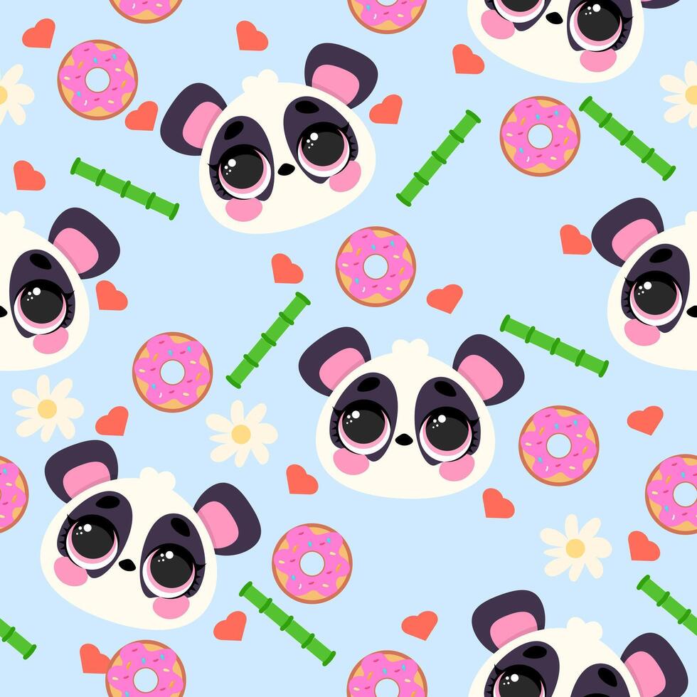 Seamless pattern with cute panda faces, bamboo sticks, donuts, hearts, and flowers on a light blue background. Perfect for kids' fabrics, wallpapers, gift wrapping, and digital designs vector