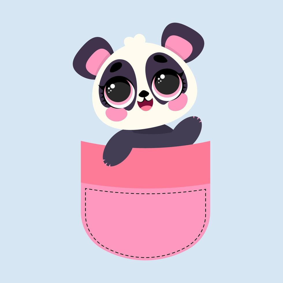 Charming baby panda with big shiny eyes peeking from a pink pocket. Cute and playful design for apparel, stickers, greeting cards, children's prints, and kawaii-style decorations vector