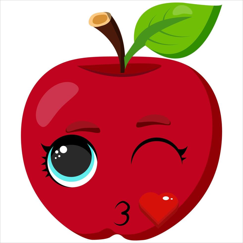 Cute red apple blowing a kiss with a wink and a heart. Charming fruit illustration perfect for stickers, packaging, advertising, greeting cards, and food-related creative designs vector