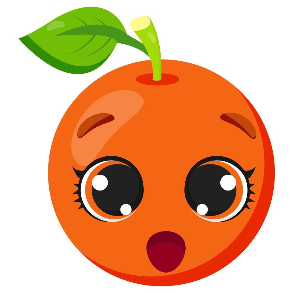 Cute orange fruit with a surprised expression, big eyes, and an open mouth. Perfect for food illustrations, packaging, emoji collections, stickers, and fresh fruit-themed designs vector