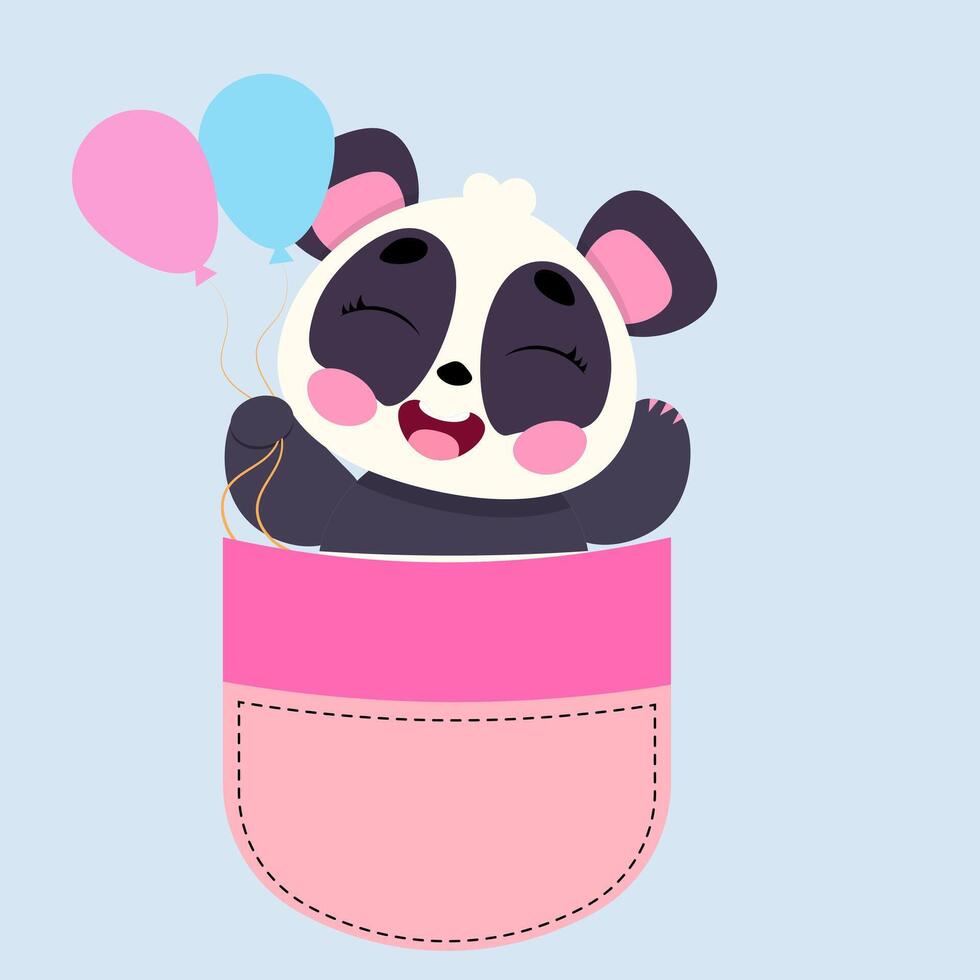 Adorable baby panda with balloons peeking from a pink pocket. Perfect for greeting cards, kids' fashion, birthday designs, stickers, and kawaii-themed merchandise vector