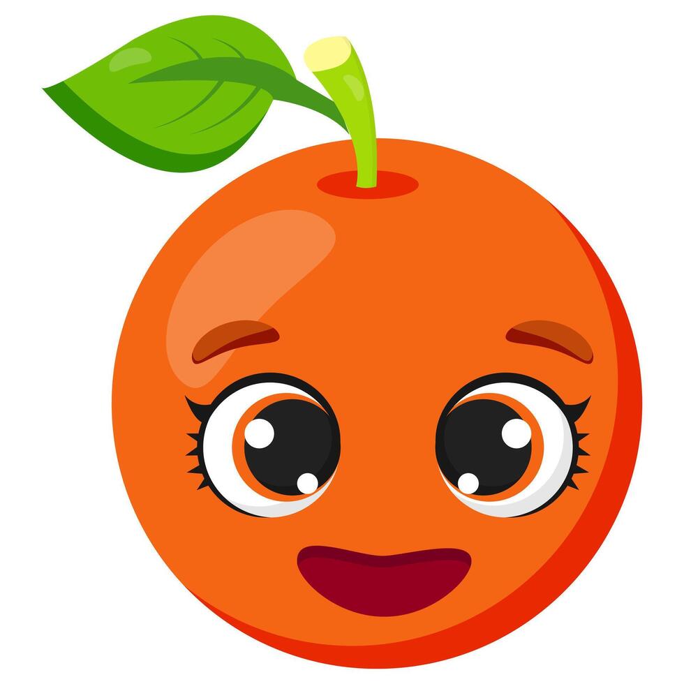 Cute smiling orange fruit with big expressive eyes and a joyful expression. Perfect for food illustrations, packaging, emoji collections, stickers, and fresh fruit-themed designs vector