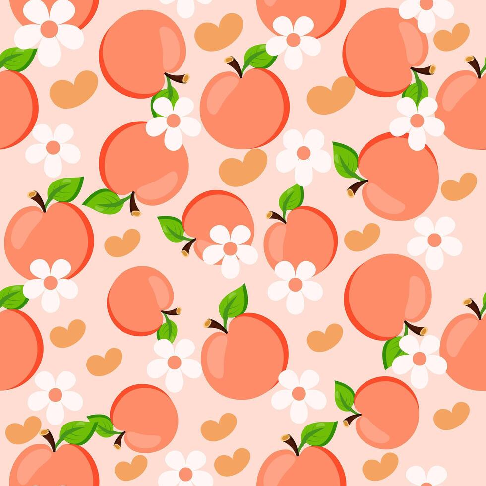 Seamless pattern with peaches, green leaves, and delicate white flowers on a soft pastel background. Fresh and elegant design, ideal for packaging, textiles, wallpapers, gift wrap vector